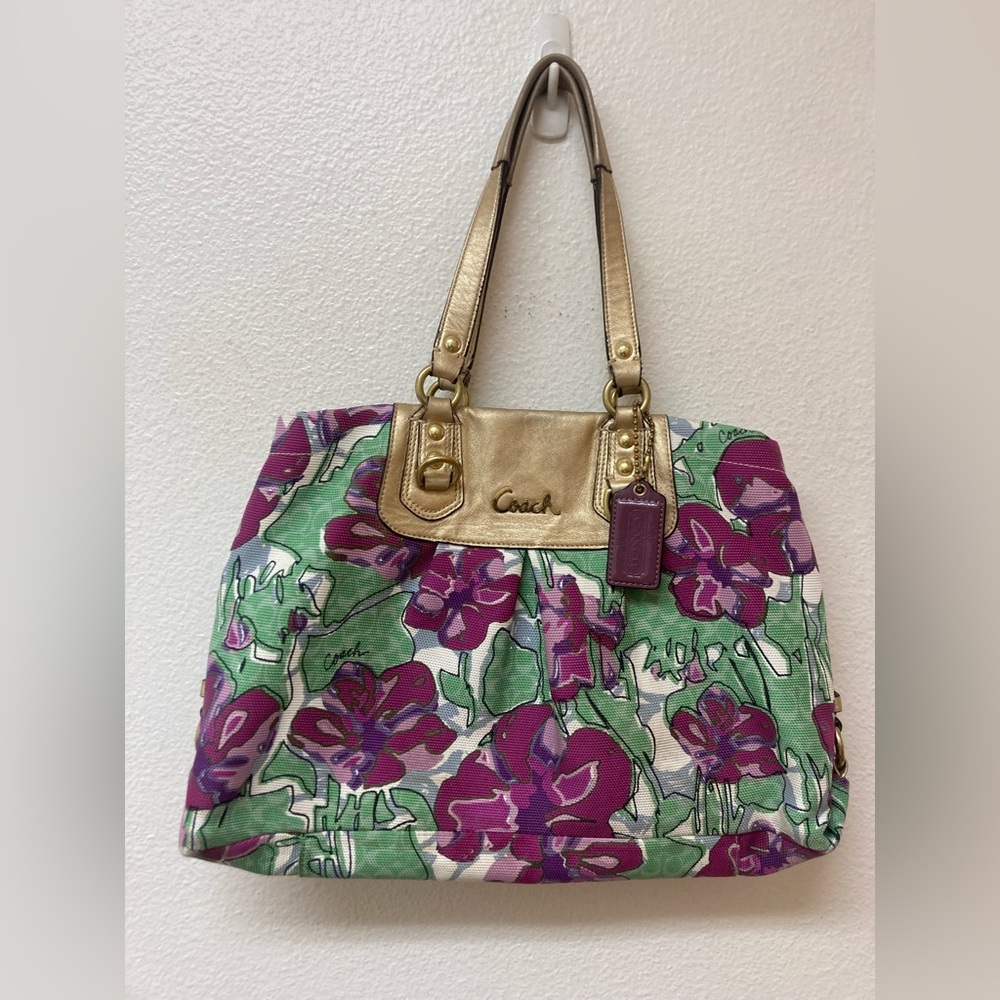 COACH Leather and Canvas Vibrant Floral Print Shoulder Bag